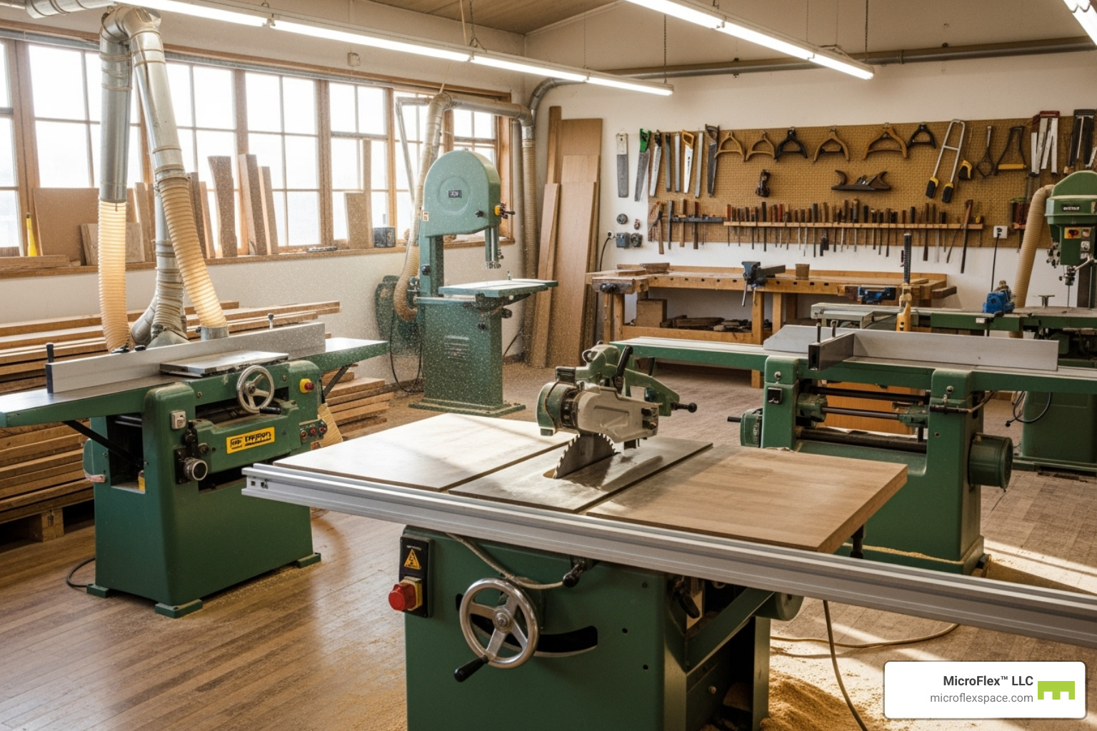 Image of various large woodworking machines like a table saw, planer, and jointer - Woodworking shop rental Image of various large woodworking machines like a table saw, planer, and jointer - Woodworking shop rental
