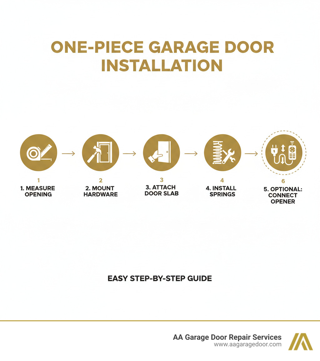 Infographic showing the step-by-step process of one-piece garage door installation: 1) Measure opening dimensions, 2) Mount jamb hardware to door frame, 3) Lift and attach door slab to pivot arms, 4) Install counterbalance springs with proper tension, 5) Test balance and operation, 6) Optional: Connect automatic opener - one piece garage door installation infographic 