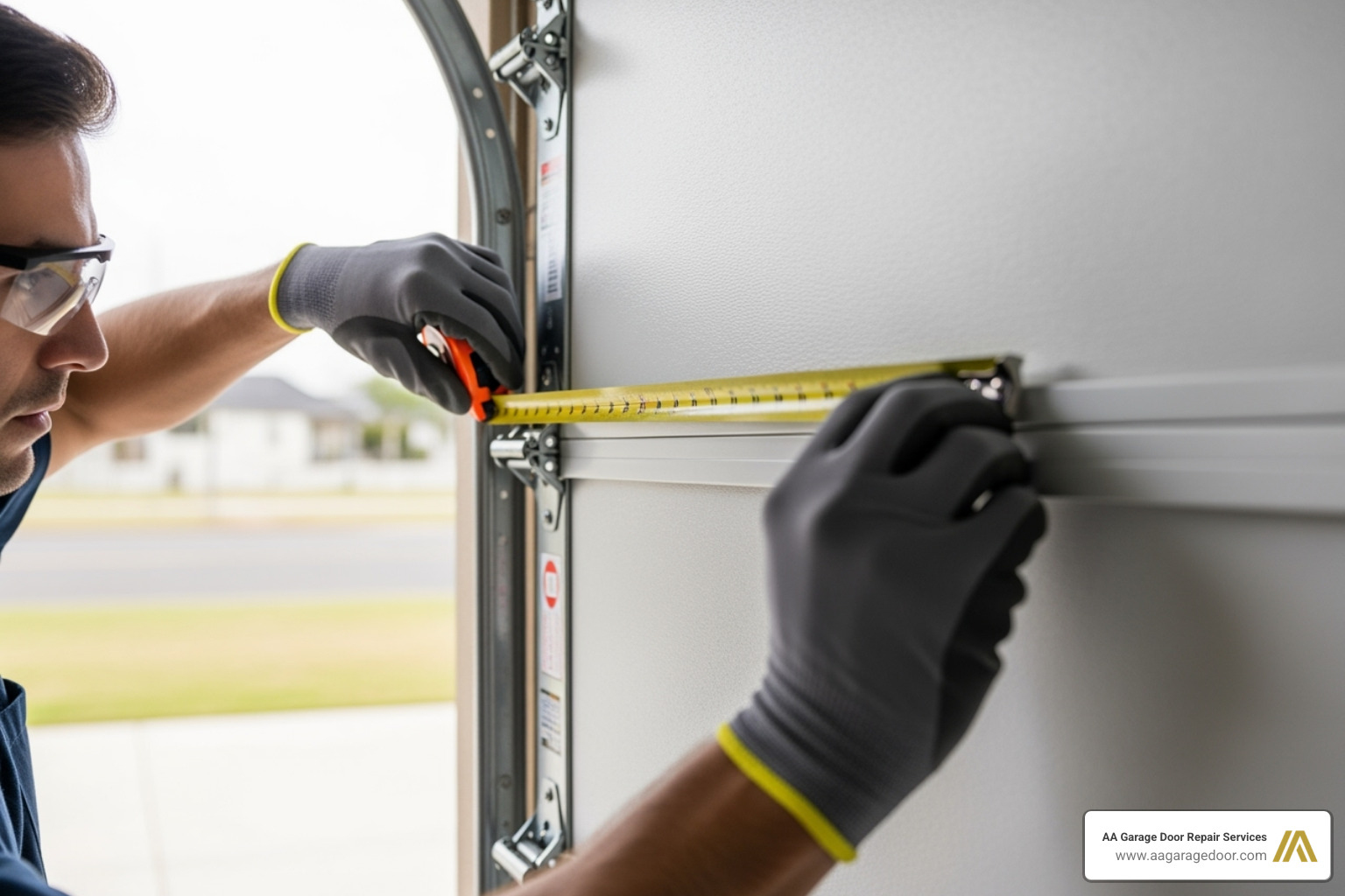 person measuring garage opening - one piece garage door installation