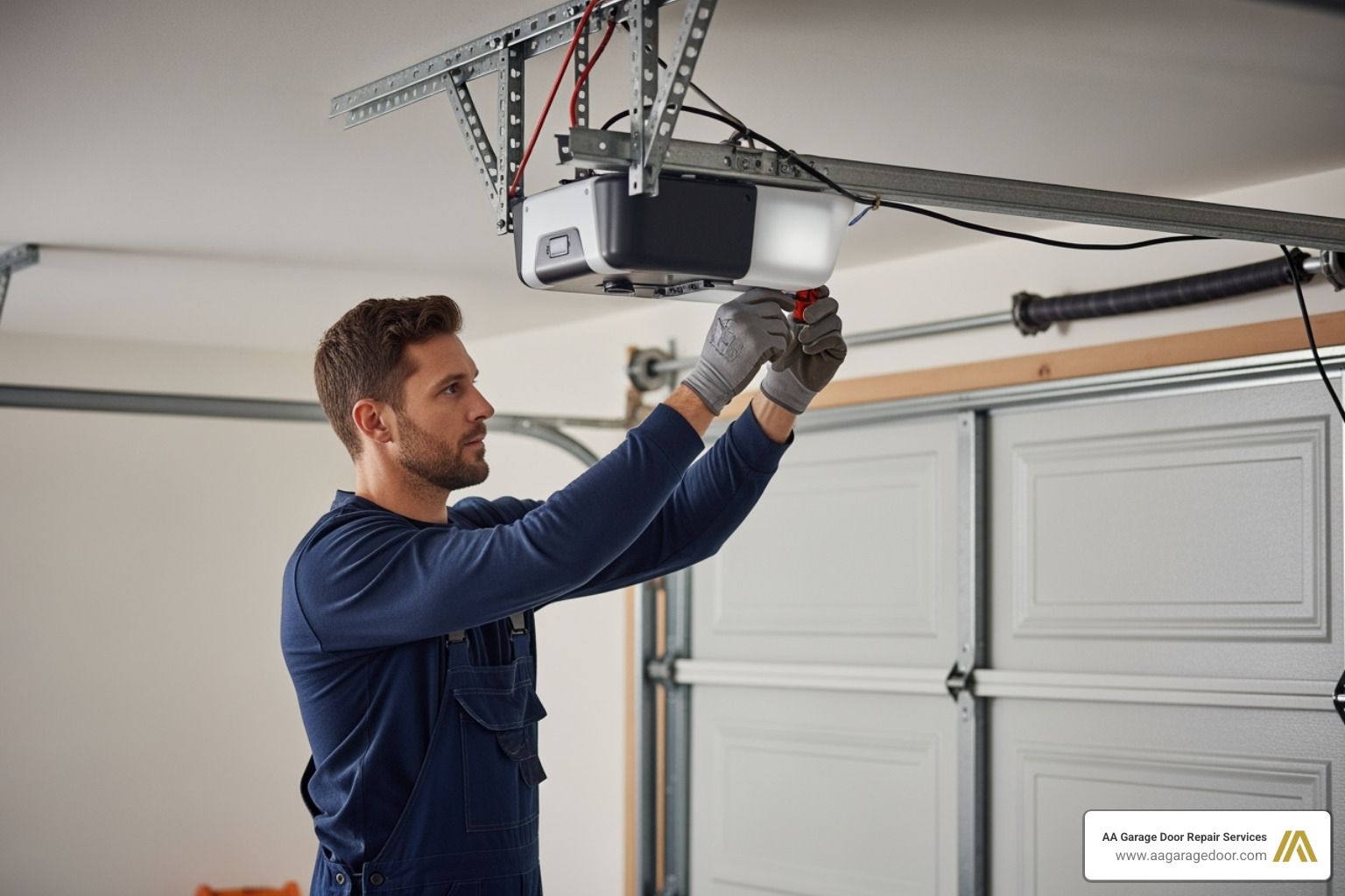professional technician installing garage door opener - one piece garage door installation