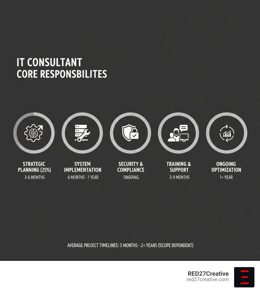 Infographic showing the core responsibilities of IT consultants including strategic planning (25%), system implementation (30%), security and compliance (20%), training and support (15%), and ongoing optimization (10%), with icons representing each function and average project timelines ranging from 3 months to 2+ years depending on scope - it-consultant infographic Infographic showing the core responsibilities of IT consultants including strategic planning (25%), system implementation (30%), security and compliance (20%), training and support (15%), and ongoing optimization (10%), with icons representing each function and average project timelines ranging from 3 months to 2+ years depending on scope - it-consultant infographic