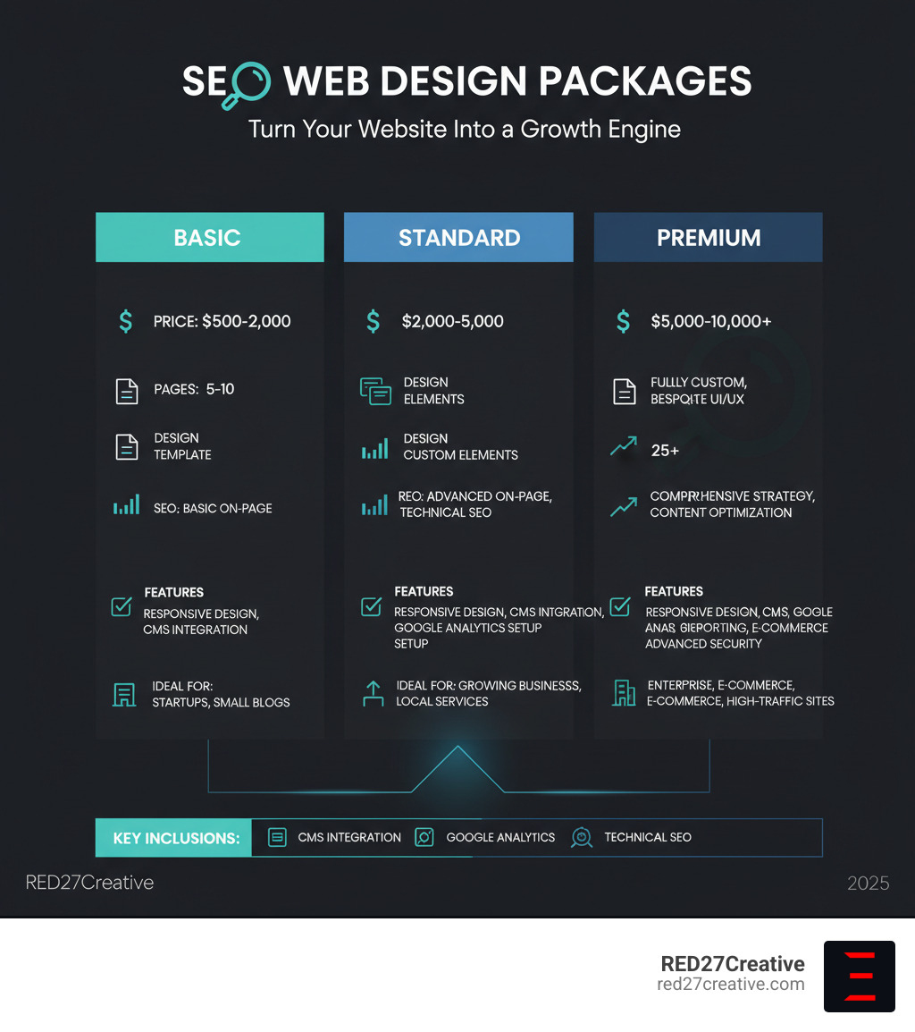 Detailed infographic showing the breakdown of SEO web design package tiers from Basic to Premium, including price ranges, page counts, design types, SEO levels, key features like responsive design and CMS integration, and ideal business types for each tier - seo web design packages infographic Detailed infographic showing the breakdown of SEO web design package tiers from Basic to Premium, including price ranges, page counts, design types, SEO levels, key features like responsive design and CMS integration, and ideal business types for each tier - seo web design packages infographic