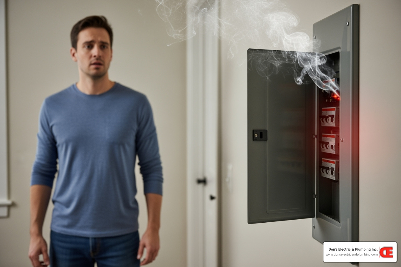 person standing safely away from a smoking electrical panel - emergency panel service minden