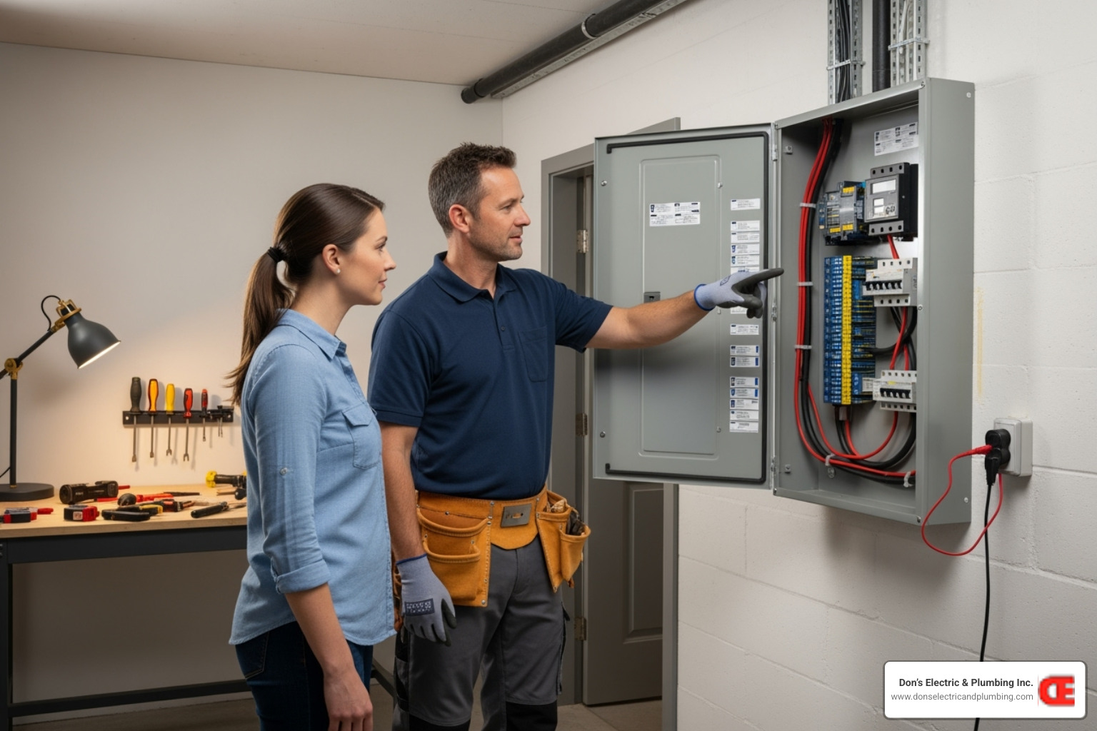 homeowner and an electrician discussing a newly installed electrical panel - emergency panel service minden