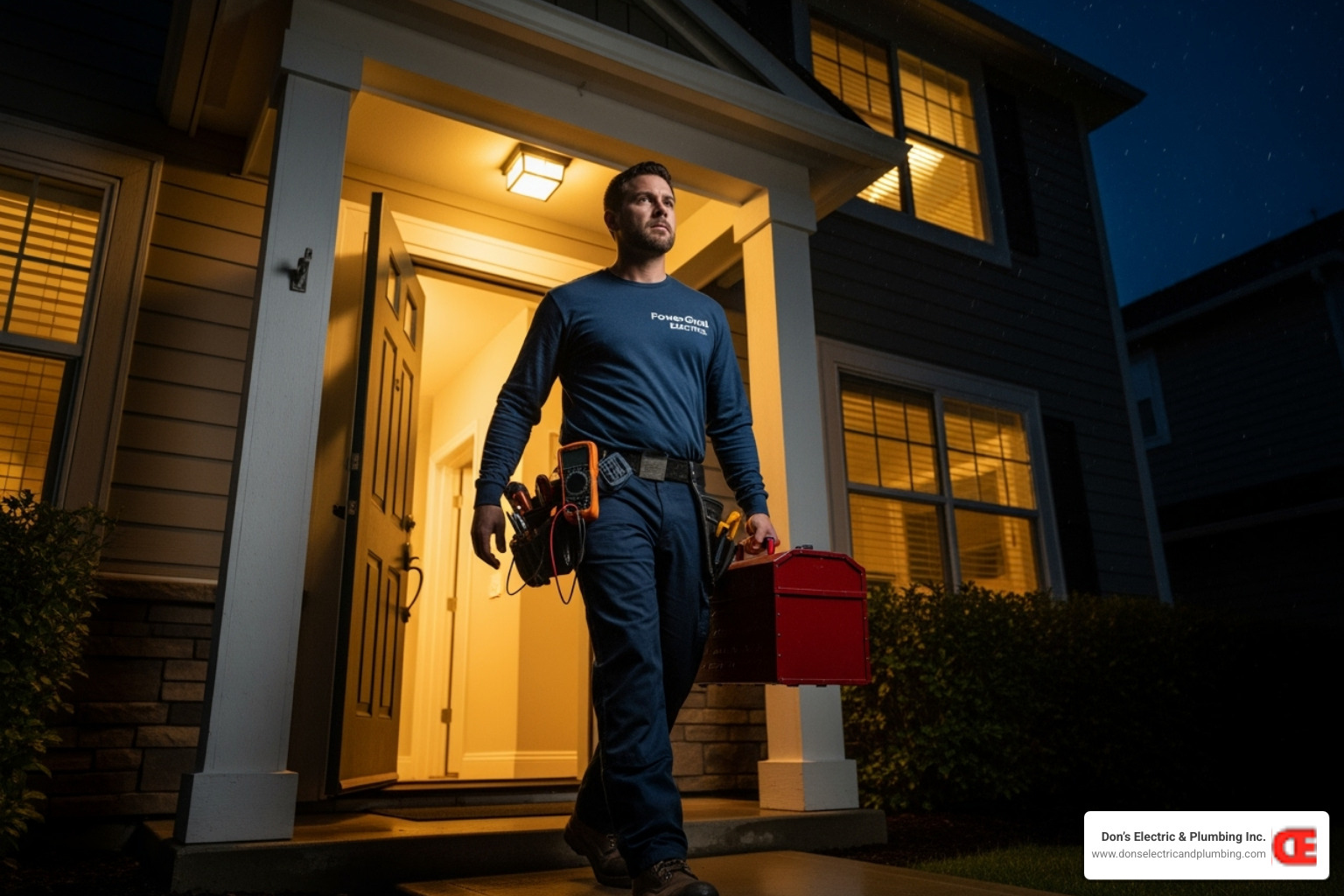 professional electrician with tools arriving at a home at night - emergency panel service minden