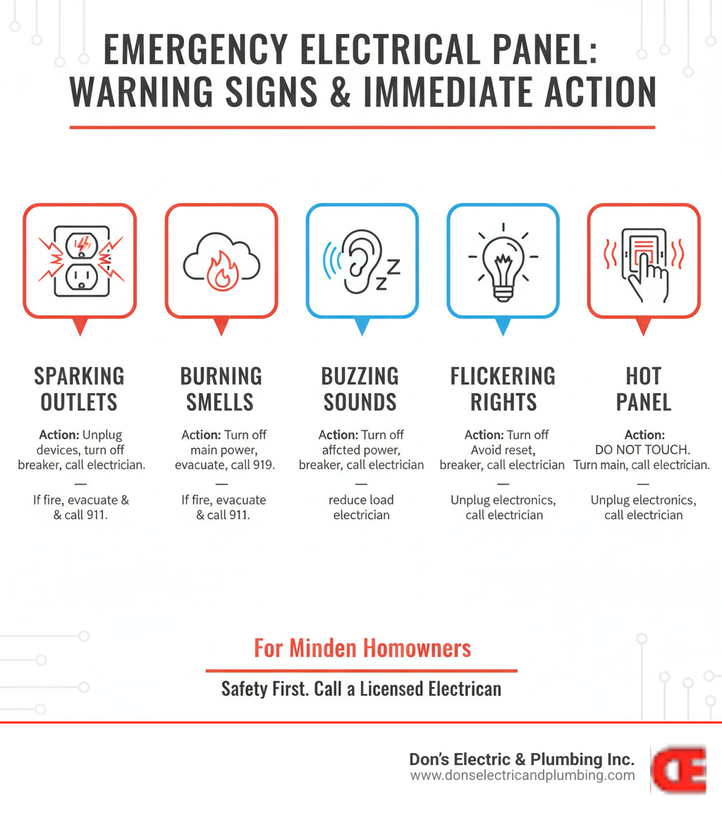 Infographic showing emergency electrical panel warning signs including sparking outlets, burning smells, buzzing sounds, frequently tripping breakers, flickering lights, and hot panels, with immediate action steps for each scenario - emergency panel service minden infographic 