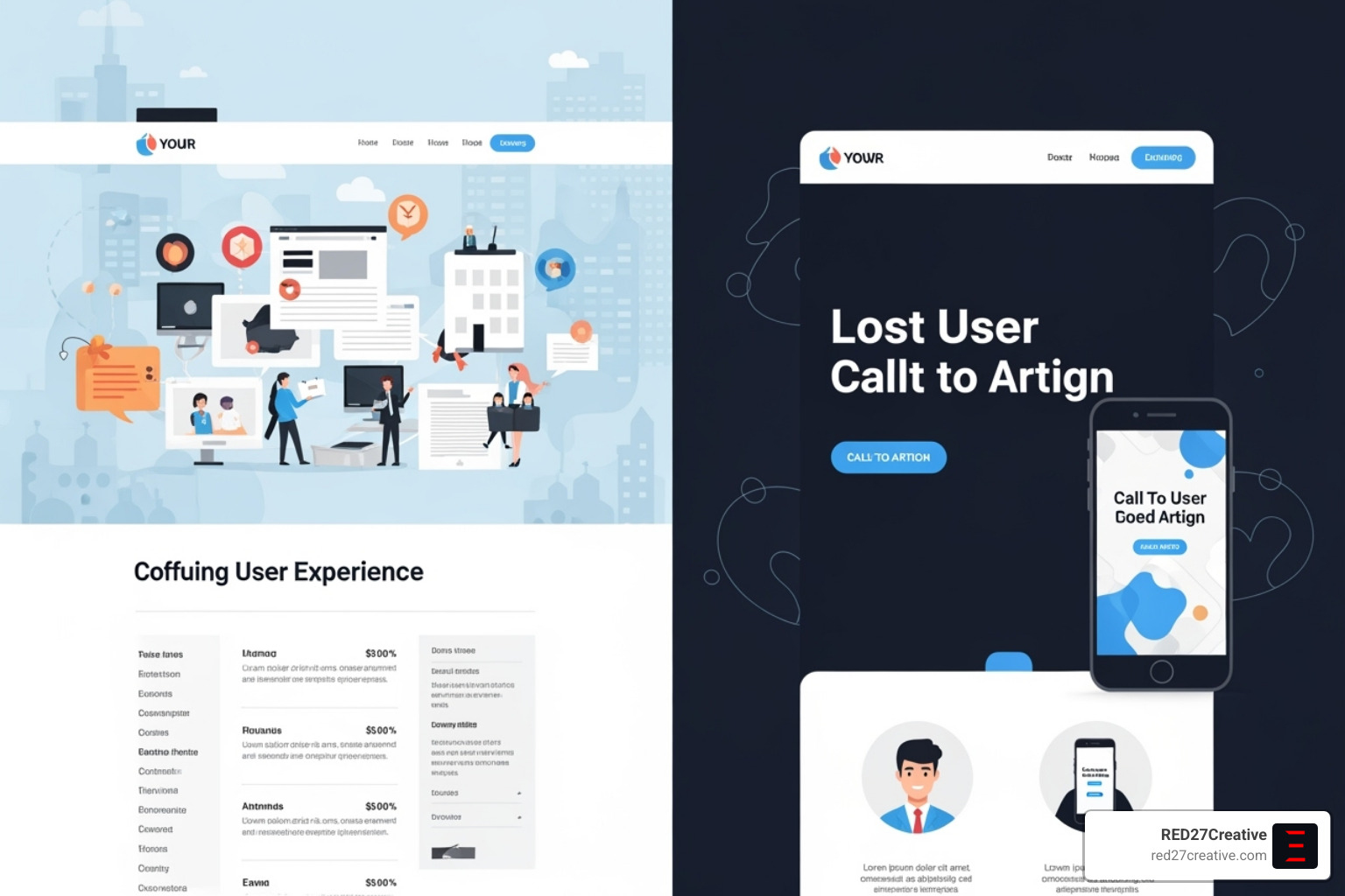 A split image contrasting a cluttered, slow-loading landing page with confusing navigation against a clean, fast-loading, and mobile-responsive landing page with a clear call-to-action - Google Ads audit services A split image contrasting a cluttered, slow-loading landing page with confusing navigation against a clean, fast-loading, and mobile-responsive landing page with a clear call-to-action - Google Ads audit services