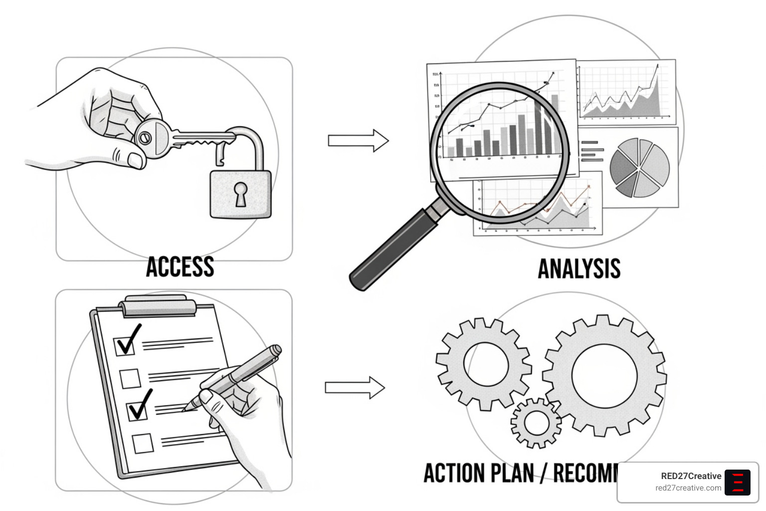 Illustration of a three-step audit process: 'Access' depicting account permissions, 'Analysis' showing data charts and graphs, and 'Action Plan' with a checklist and strategic recommendations - Google Ads audit services Illustration of a three-step audit process: 'Access' depicting account permissions, 'Analysis' showing data charts and graphs, and 'Action Plan' with a checklist and strategic recommendations - Google Ads audit services