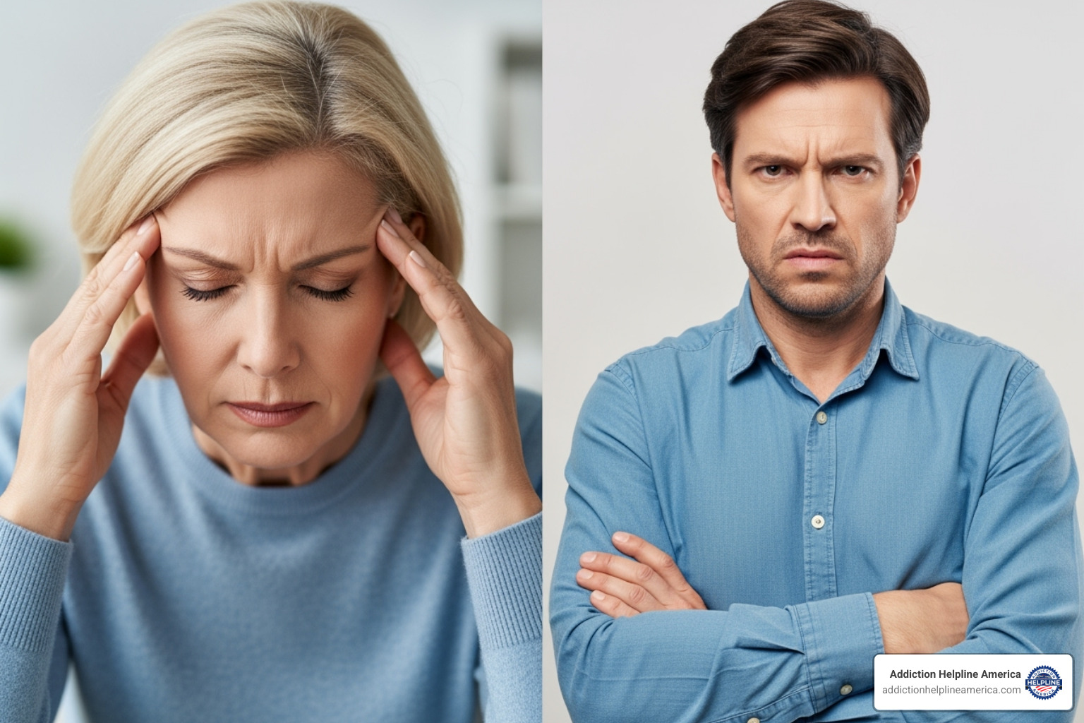 person experiencing a headache and another person looking irritable to represent symptoms - nicotine withdrawal symptoms