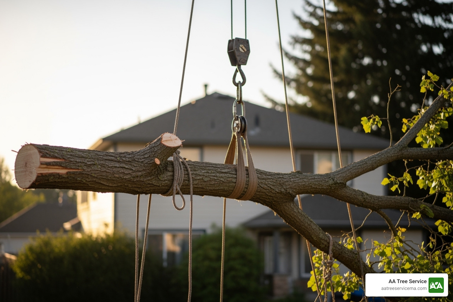 a tree removal crew carefully lowering a large tree limb using ropes and specialized equipment near a residential home - tree removal services littleton ma