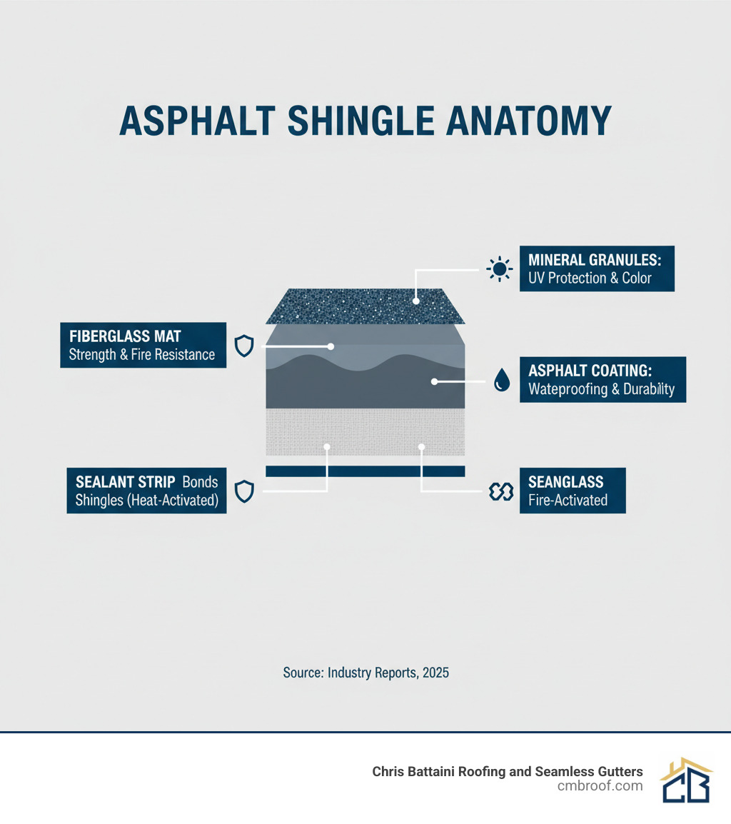 Infographic showing the cross-section anatomy of an asphalt shingle with labeled layers: mineral granules on top for UV protection and color, asphalt coating in the middle for waterproofing, fiberglass mat at the base for strength and fire resistance, and a heat-activated sealant strip at the bottom for bonding shingles together - Asphalt Shingle Roofing infographic 