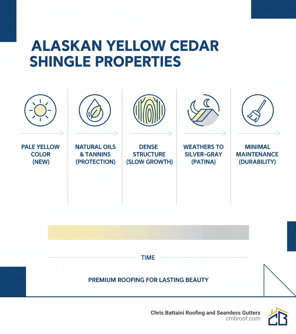 Infographic showing Alaskan Yellow Cedar shingle properties: starts as pale yellow color, contains natural oils and tannins for protection, dense wood structure from slow growth, weathers to silver-gray patina over time, and requires minimal maintenance - alaska yellow cedar shingles infographic 
