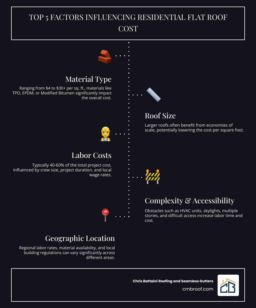Infographic showing the top 5 factors that influence residential flat roof cost: Material type (ranging from $4 to $30+ per square foot), Roof size (larger roofs have economies of scale), Labor costs (typically 40-60% of total cost), Complexity and accessibility (obstacles like HVAC units, multiple stories, and difficult access increase labor), and Geographic location (regional labor rates and material availability vary across the country) - residential flat roof cost infographic infographic-line-5-steps-dark