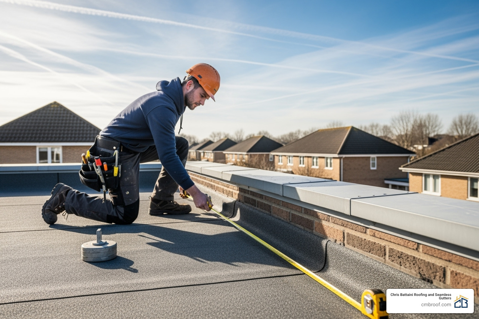 a roofer measuring a residential flat roof - residential flat roof cost