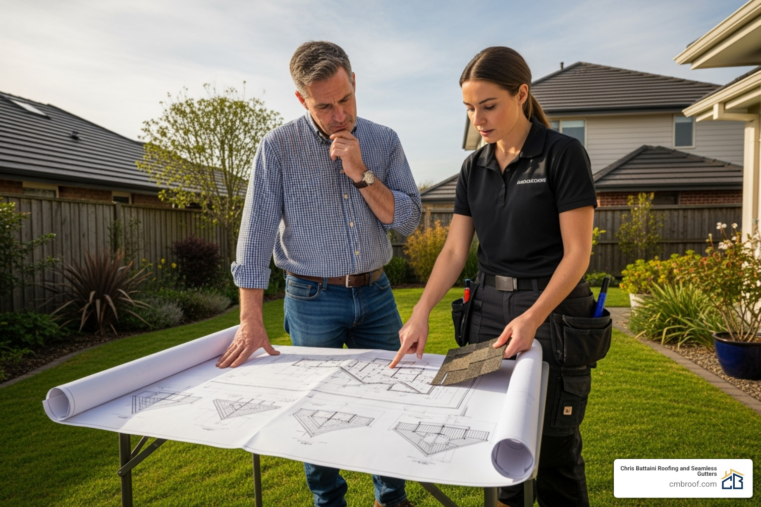 a homeowner discussing a roofing project with a contractor - residential flat roof cost