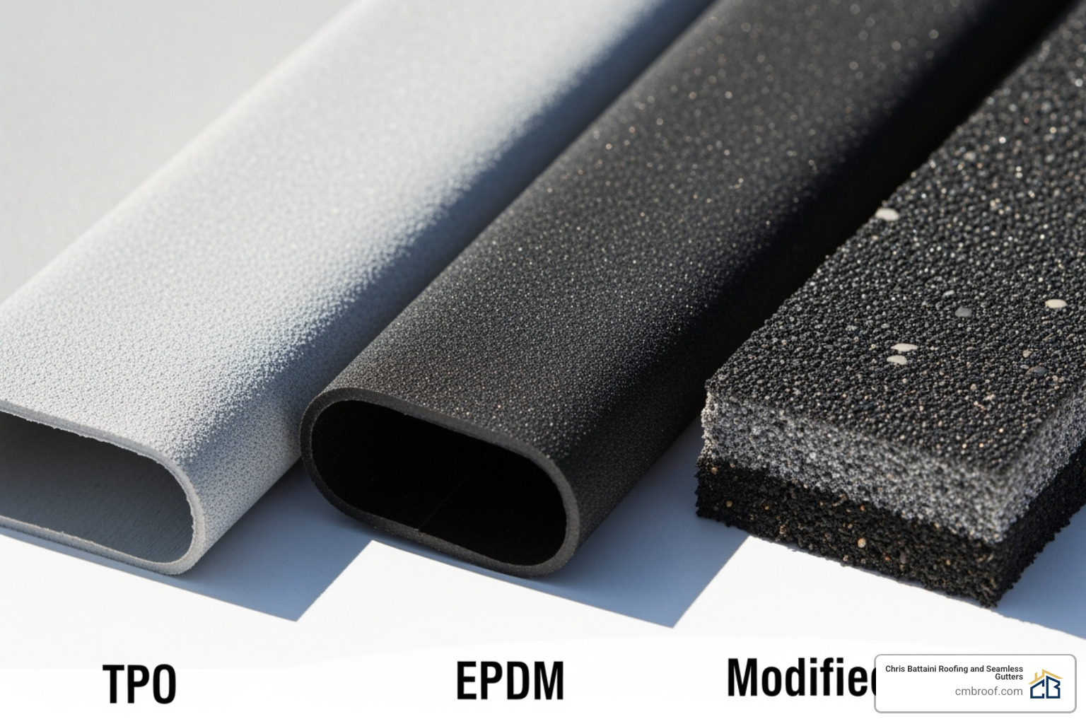 side-by-side samples of TPO, EPDM, and Modified Bitumen materials - residential flat roof cost