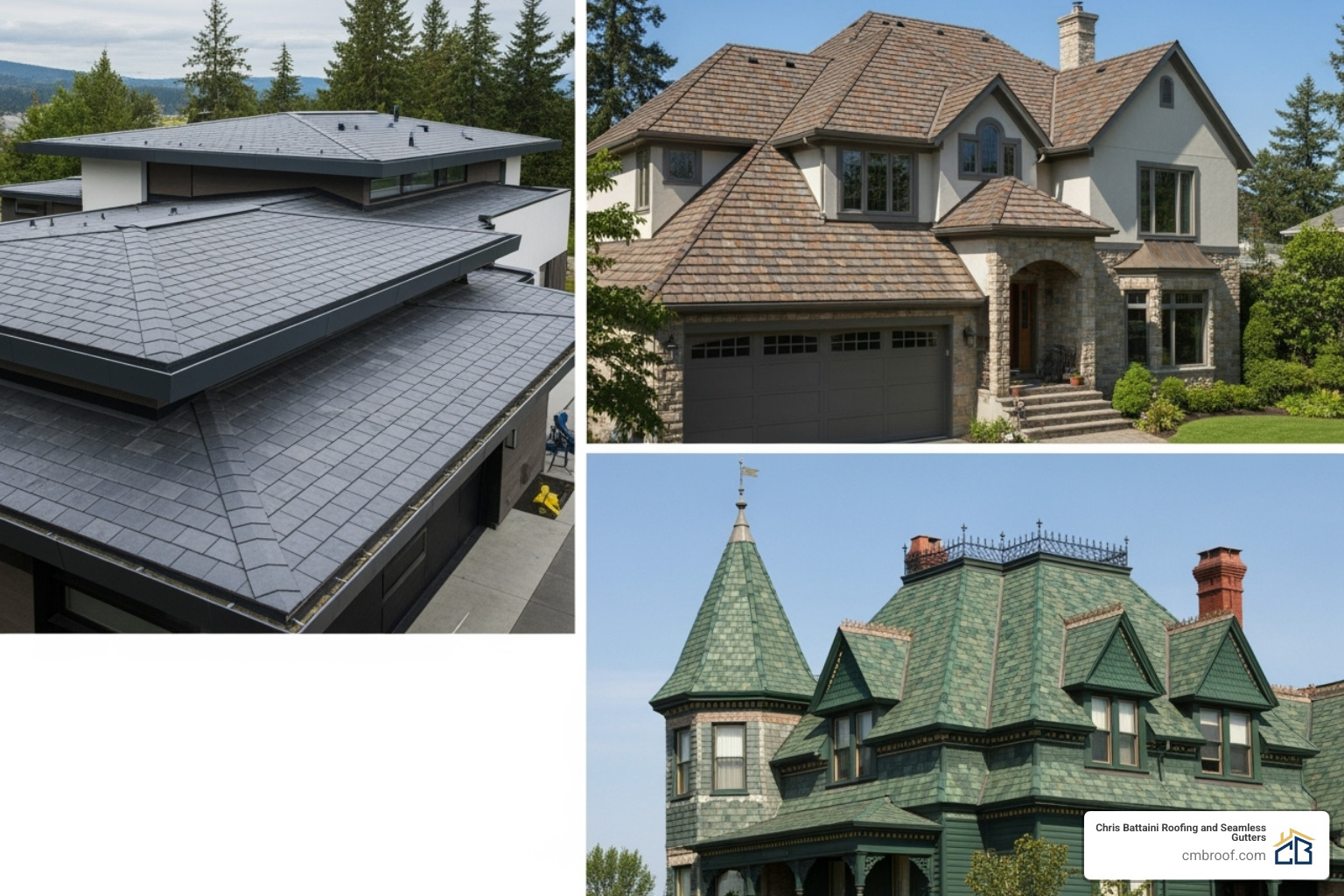 Collage of diverse composite slate roofs on various architectural styles - composite slate roof tile