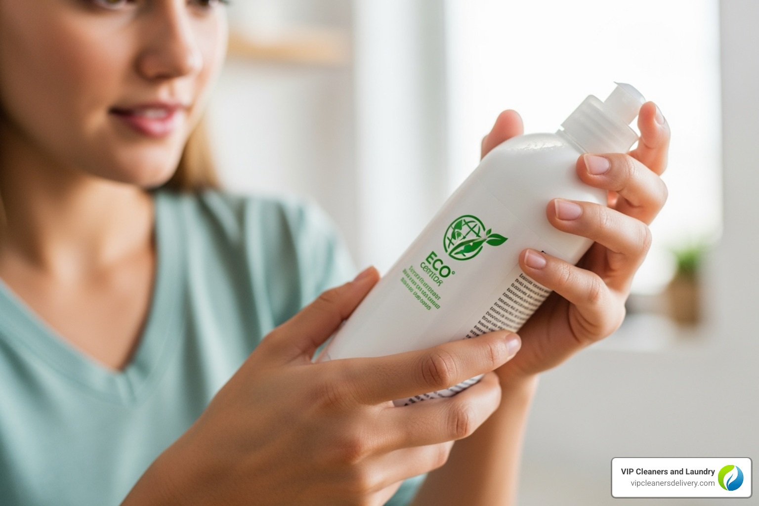 a person reading a product label to find certifications - eco-friendly cleaning