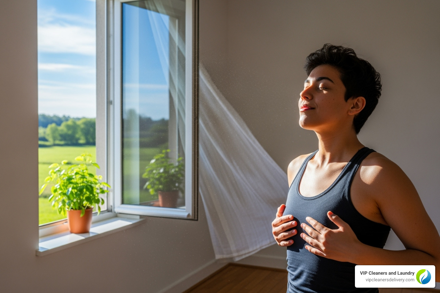 a person enjoying fresh air in a clean room - eco-friendly cleaning
