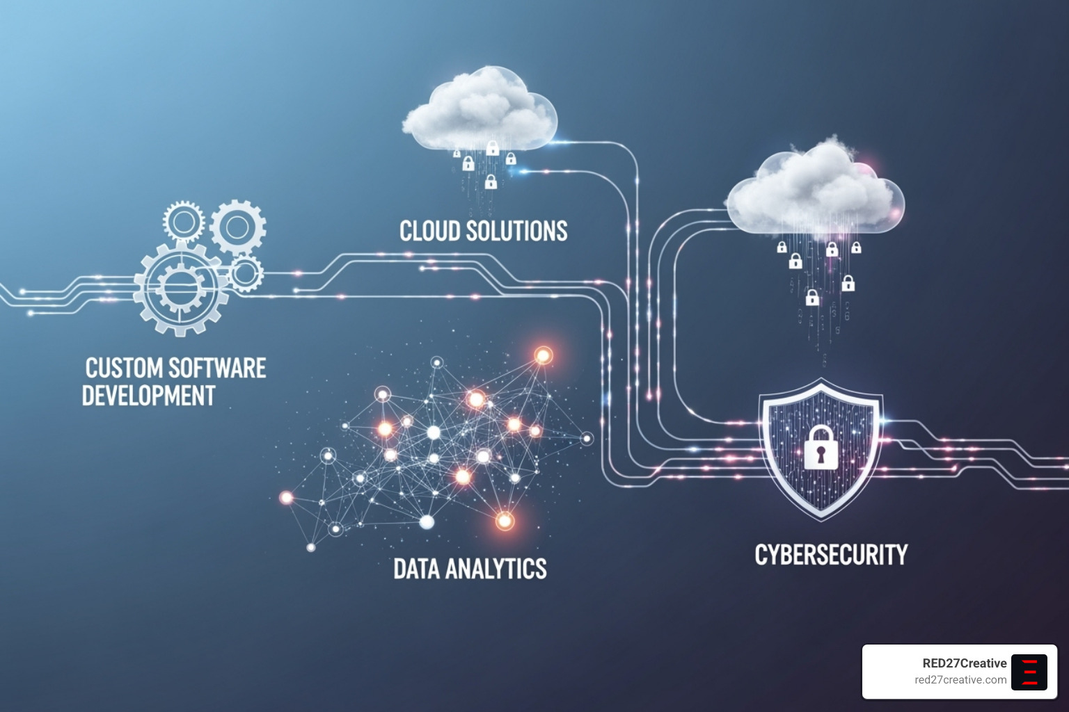 A flowchart illustrating different software consulting services including custom development, cloud solutions, data analytics, and cybersecurity - software consulting companies A flowchart illustrating different software consulting services including custom development, cloud solutions, data analytics, and cybersecurity - software consulting companies