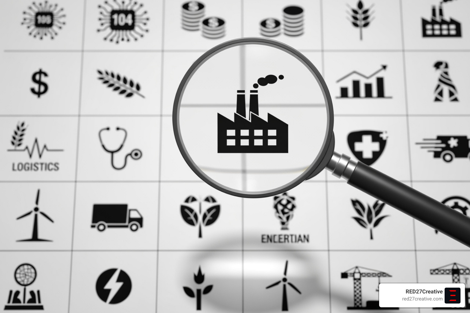 Magnifying glass focusing on a specific industry icon among many others - B2B & Industry-Specific Lead Generation Services Magnifying glass focusing on a specific industry icon among many others - B2B & Industry-Specific Lead Generation Services