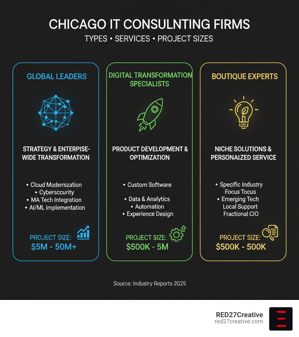 Infographic showing Chicago IT consulting firm types, typical services offered, and average project sizes across Global Leaders, Digital Transformation Specialists, and Boutique Experts - IT Consulting Firms Chicago infographic Infographic showing Chicago IT consulting firm types, typical services offered, and average project sizes across Global Leaders, Digital Transformation Specialists, and Boutique Experts - IT Consulting Firms Chicago infographic