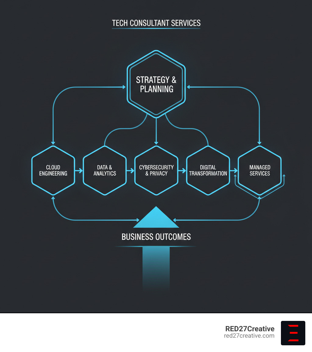 Infographic showing the core services of tech consultant companies: Strategy & Planning at the top, branching to Cloud Engineering, Data & Analytics, Cybersecurity & Privacy, Digital Transformation, and Managed Services, with arrows indicating how these services interconnect to drive business outcomes - tech consultant companies infographic Infographic showing the core services of tech consultant companies: Strategy & Planning at the top, branching to Cloud Engineering, Data & Analytics, Cybersecurity & Privacy, Digital Transformation, and Managed Services, with arrows indicating how these services interconnect to drive business outcomes - tech consultant companies infographic