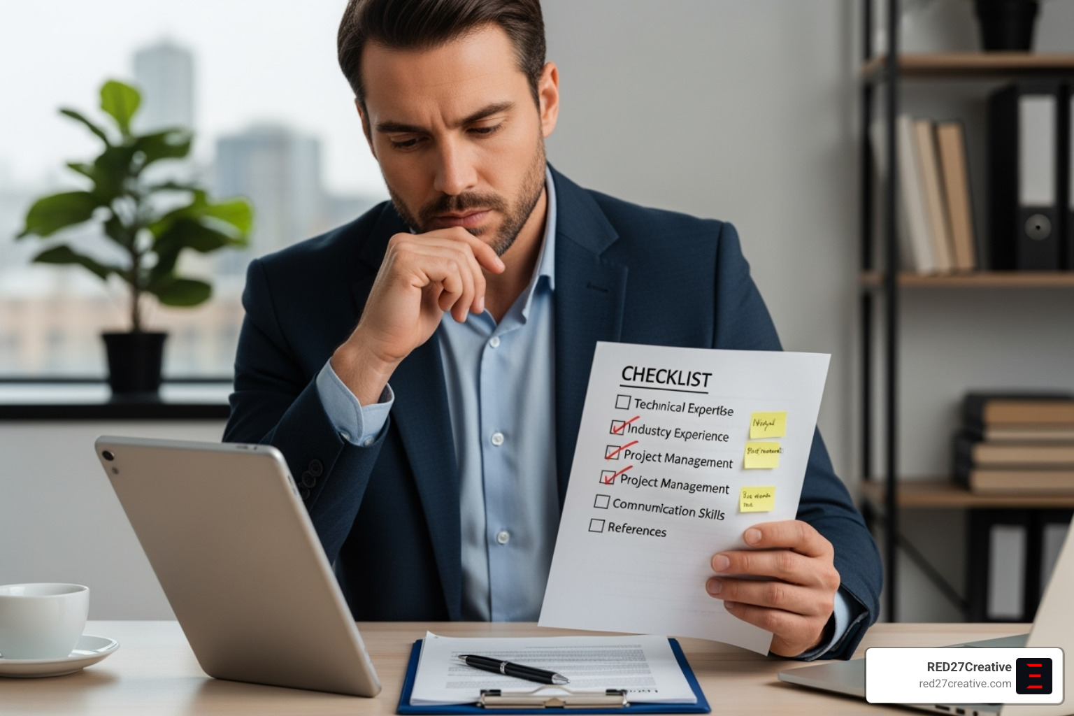 person reviewing a checklist to evaluate a potential partner for technology consulting services - tech consultant companies person reviewing a checklist to evaluate a potential partner for technology consulting services - tech consultant companies
