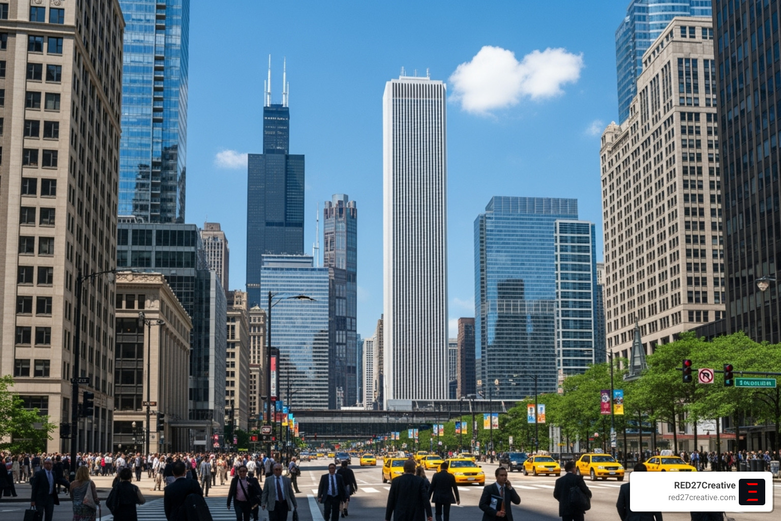 Busy Chicago business district with people and skyscrapers - IT Consulting Firms Chicago Busy Chicago business district with people and skyscrapers - IT Consulting Firms Chicago