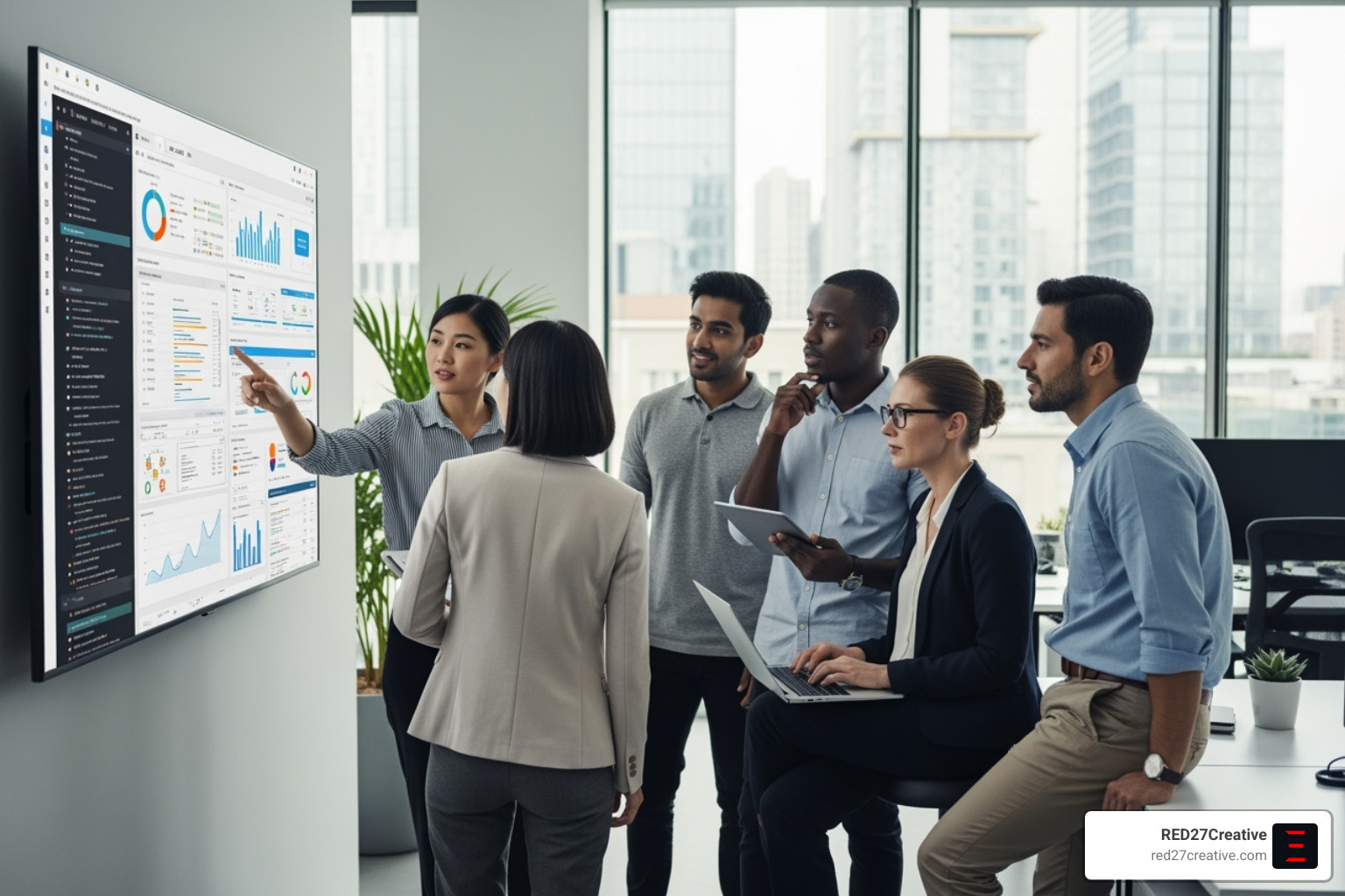Team of diverse professionals collaborating on a digital project on a large screen - IT Consulting Firms Chicago Team of diverse professionals collaborating on a digital project on a large screen - IT Consulting Firms Chicago