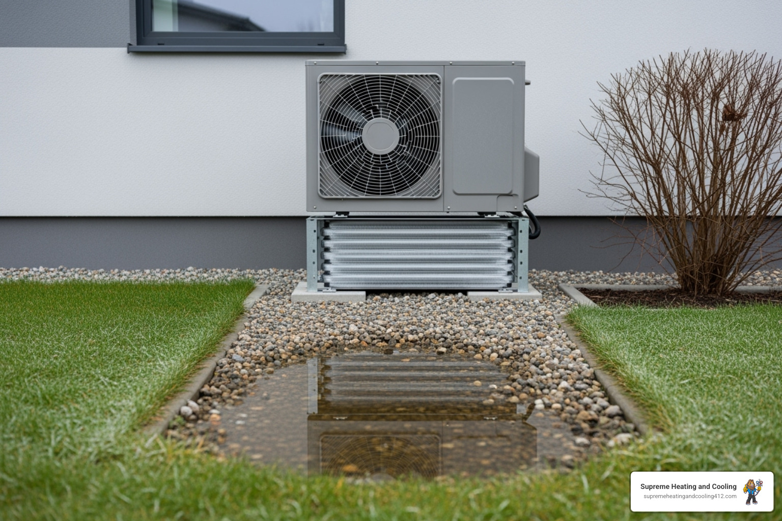 Image of a heat pump's outdoor unit with a normal amount of water from a defrost cycle, showing a small puddle on the ground. - heat pump leaking water in murrysville, pa
