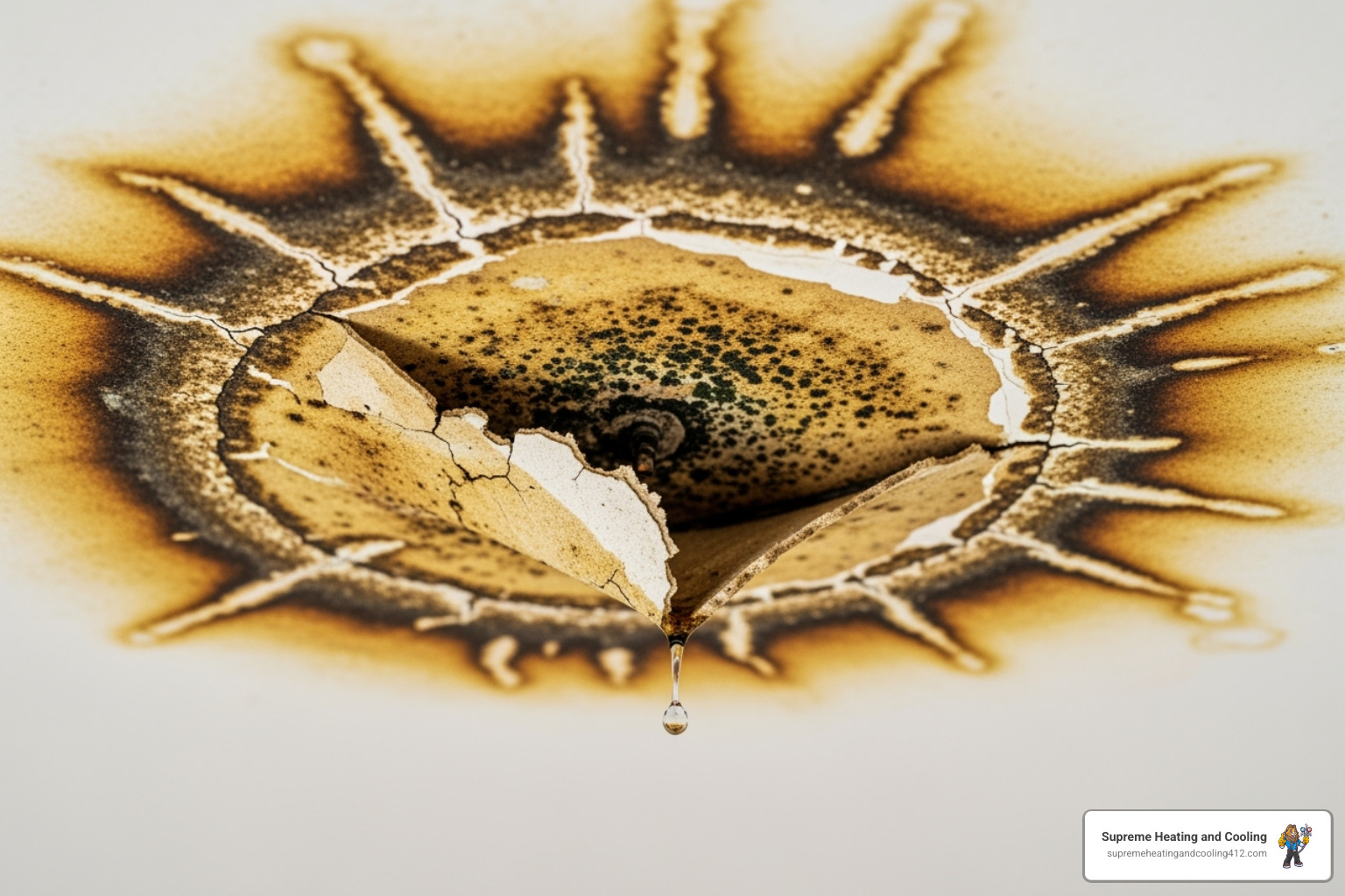 Image of water stains on a ceiling below an attic unit, indicating a severe leak. - heat pump leaking water in murrysville, pa