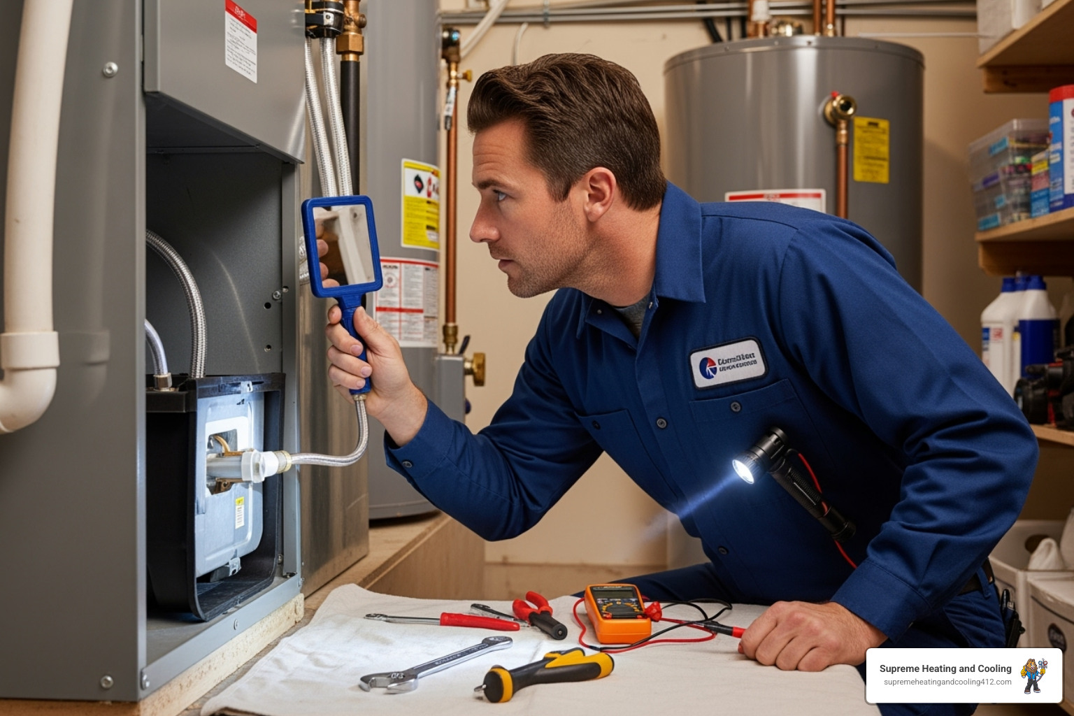 Image of a technician inspecting an indoor heat pump unit, focusing on the drain pan and condensate line. - heat pump leaking water in murrysville, pa