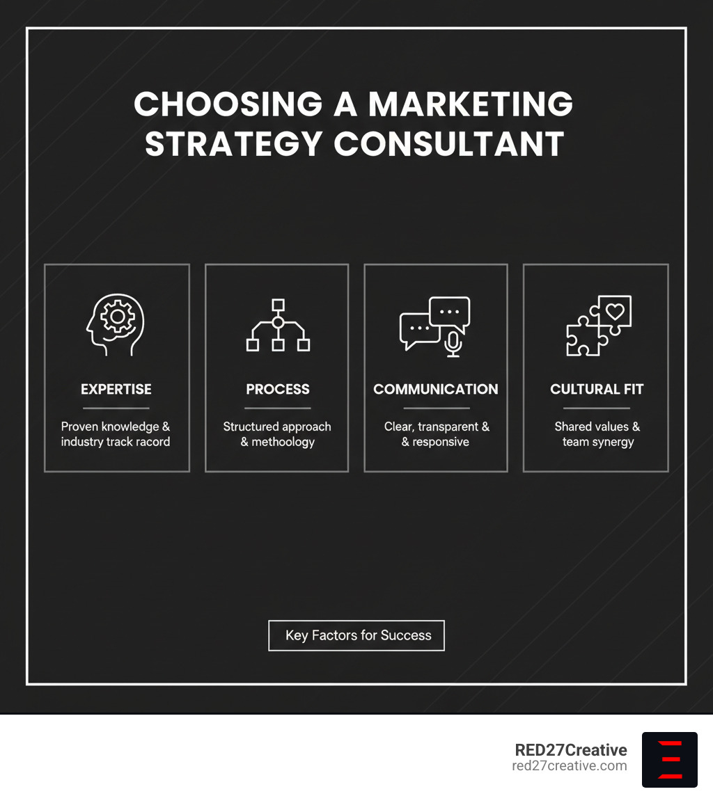 An infographic illustrating key factors to consider when choosing a marketing strategy consultant: expertise, process, communication, and cultural fit. - Marketing Strategy Consulting infographic An infographic illustrating key factors to consider when choosing a marketing strategy consultant: expertise, process, communication, and cultural fit. - Marketing Strategy Consulting infographic