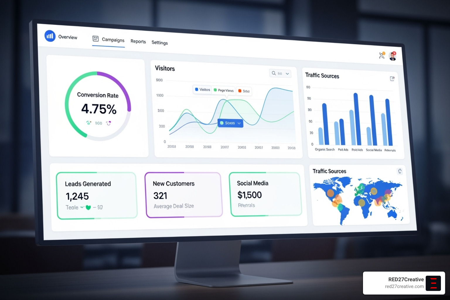 A digital dashboard showing key performance indicators (KPIs) like traffic, leads, and conversion rates, illustrating data-driven marketing decisions. - Marketing Strategy Consulting A digital dashboard showing key performance indicators (KPIs) like traffic, leads, and conversion rates, illustrating data-driven marketing decisions. - Marketing Strategy Consulting