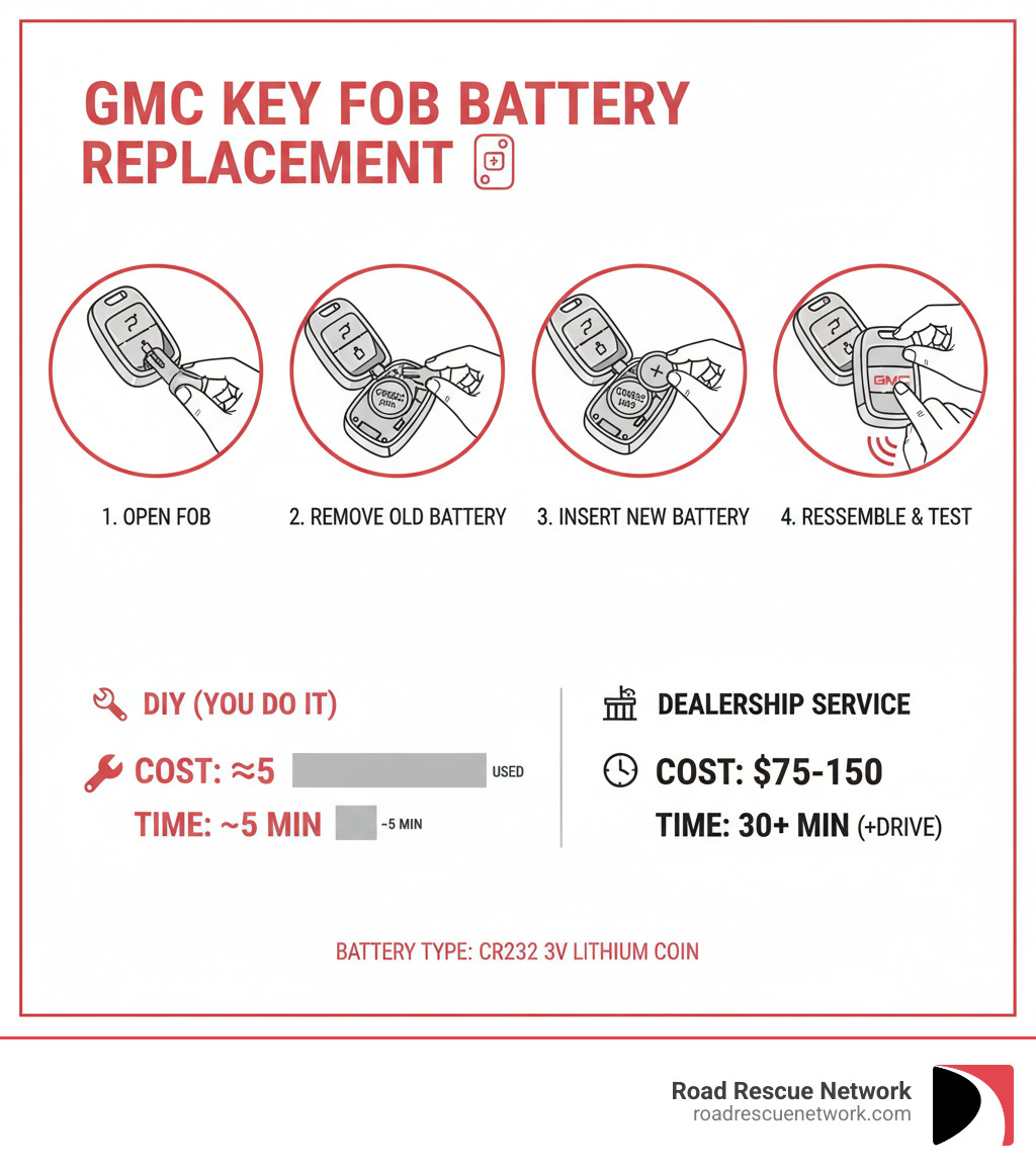 Infographic showing step-by-step visual guide to changing a GMC key fob battery, including images of opening the fob case, removing the old CR2032 battery, inserting the new battery with correct orientation, and reassembling the fob, with time and cost savings comparison between DIY ($5, 5 minutes) versus dealership service ($75-150, 30+ minutes plus drive time) - change battery in gmc key fob infographic 