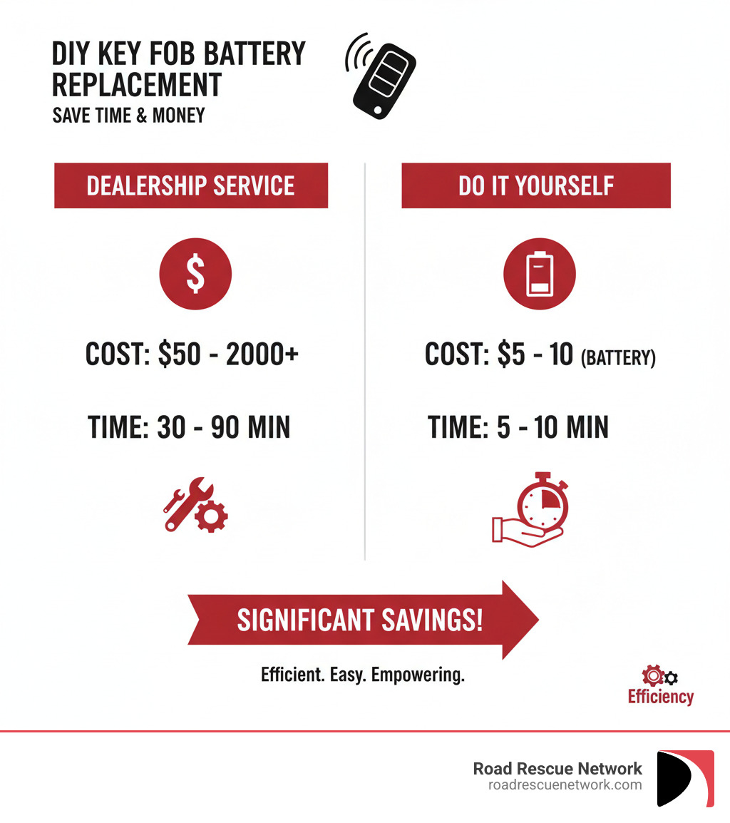 Infographic showing the average cost savings and time savings for a typical car owner who changes their own key fob battery compared to paying a dealership for the service, highlighting DIY as significantly more efficient - change battery in gmc key fob infographic 
