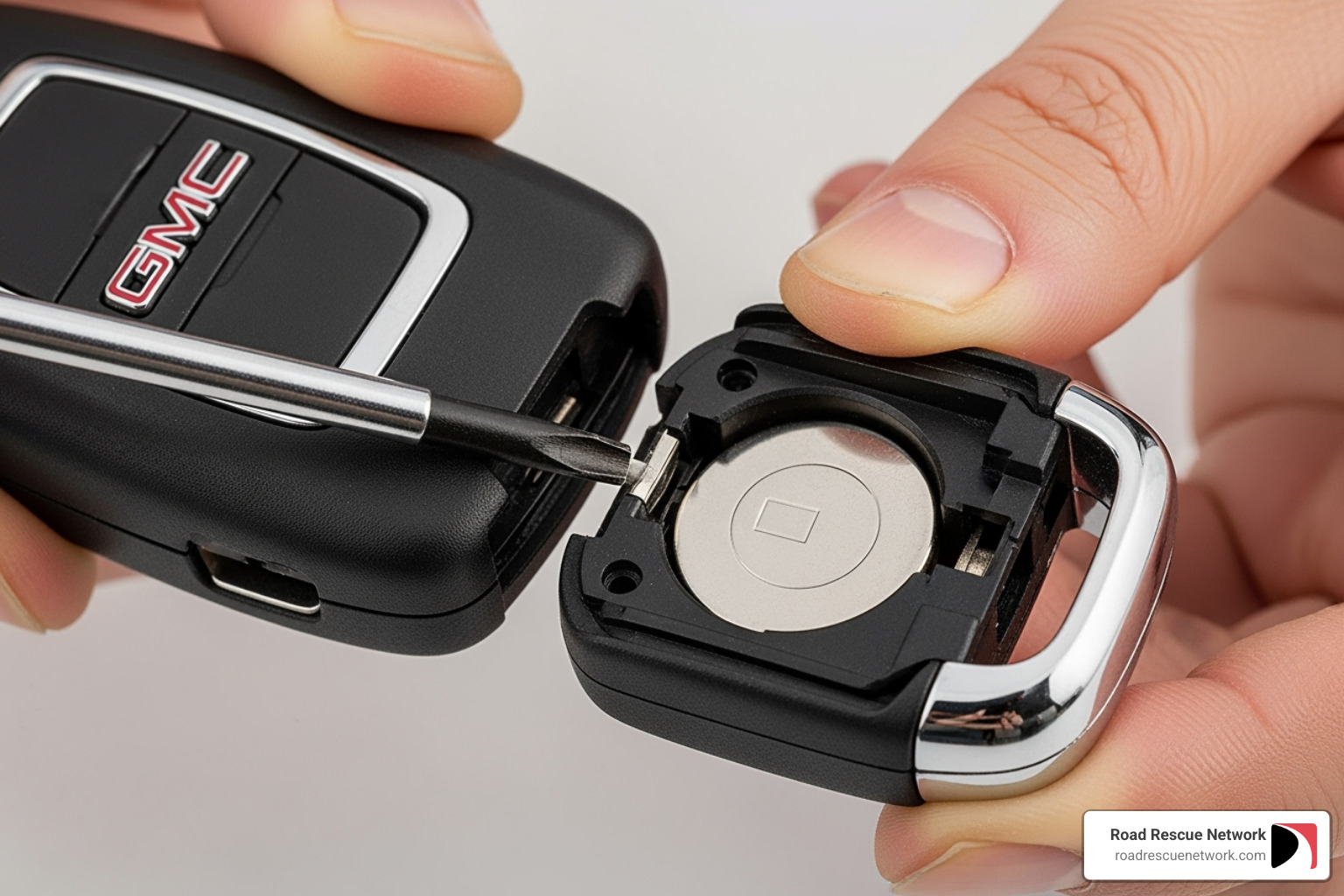 Hands carefully prying open a GMC key fob casing with a small flathead screwdriver - change battery in gmc key fob