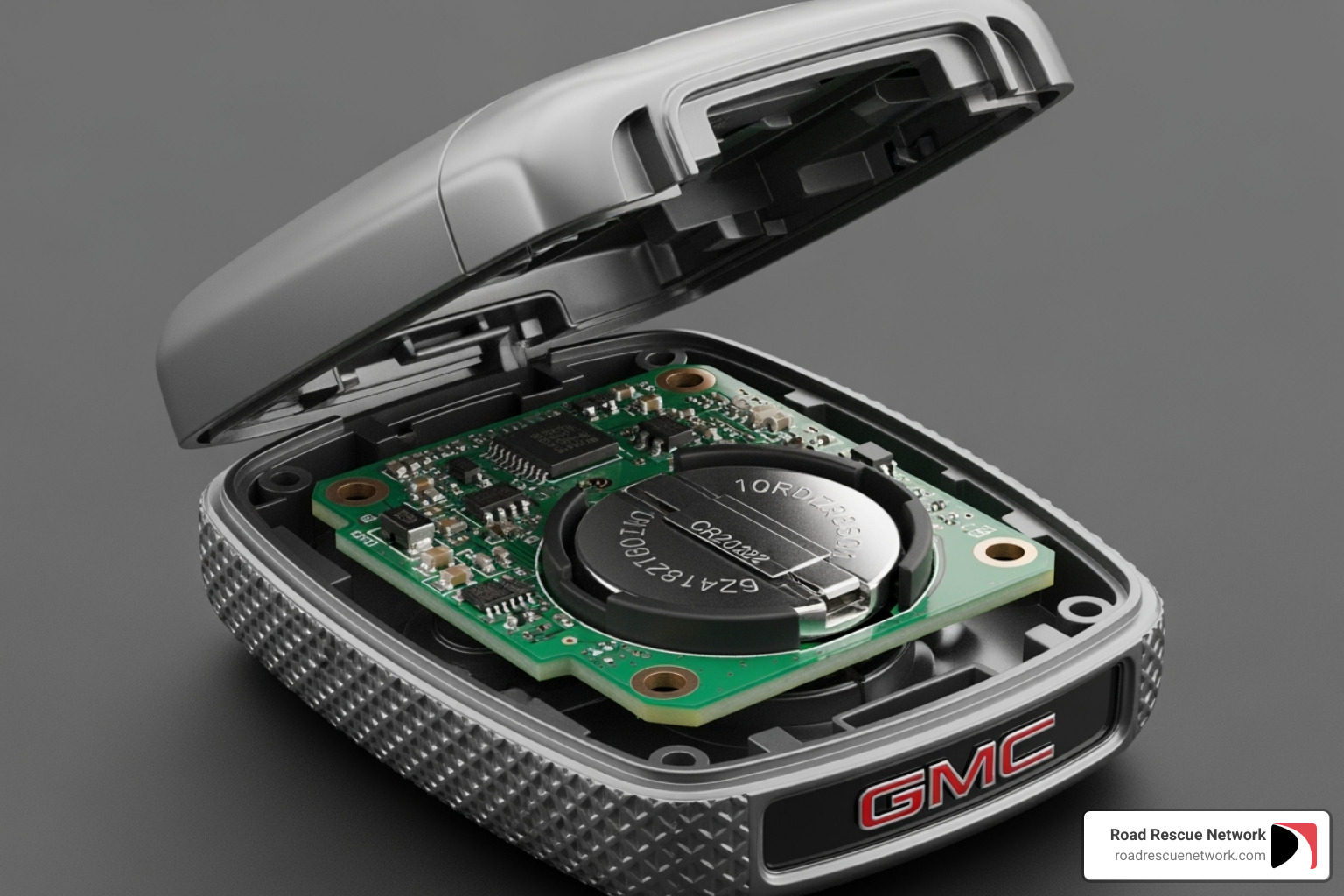 An open GMC smart key showing the internal battery and circuit board - change battery in gmc key fob