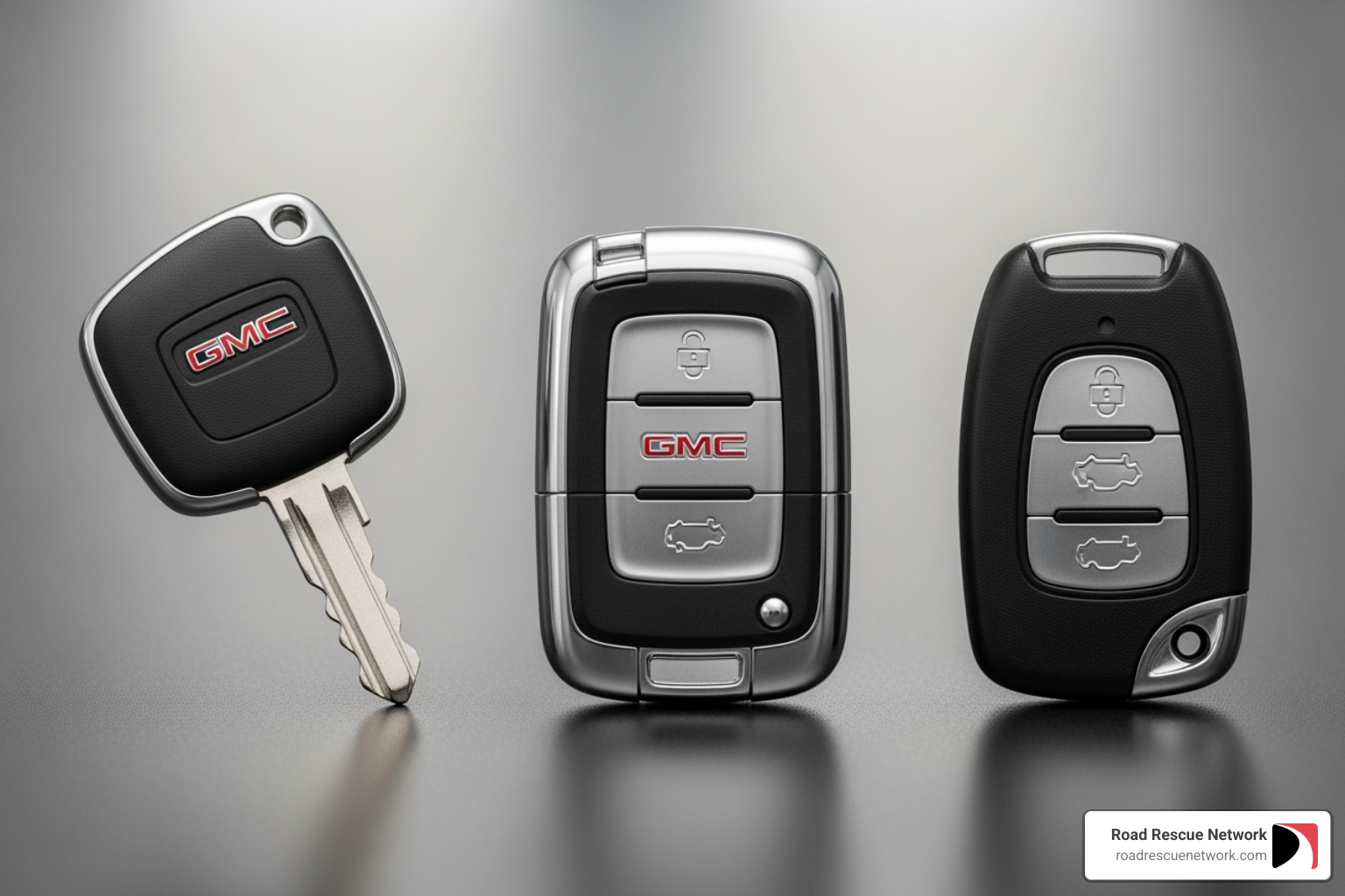 Various GMC key fob styles side-by-side including a flip key, smart key, and older model key fob - change battery in gmc key fob