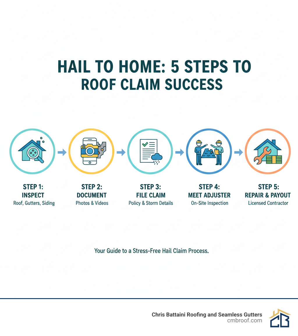 Infographic showing the 5 key steps of claiming hail damage on your roof: Step 1 - Inspect your property for visible damage including roof, gutters, and siding. Step 2 - Document all damage with dated photos and videos from multiple angles. Step 3 - File your insurance claim promptly with your policy number and storm details. Step 4 - Meet with the insurance adjuster during their on-site inspection. Step 5 - Complete repairs with a licensed contractor and submit final documentation for full payout. - claiming hail damage on roof infographic Infographic showing the 5 key steps of claiming hail damage on your roof: Step 1 - Inspect your property for visible damage including roof, gutters, and siding. Step 2 - Document all damage with dated photos and videos from multiple angles. Step 3 - File your insurance claim promptly with your policy number and storm details. Step 4 - Meet with the insurance adjuster during their on-site inspection. Step 5 - Complete repairs with a licensed contractor and submit final documentation for full payout. - claiming hail damage on roof infographic