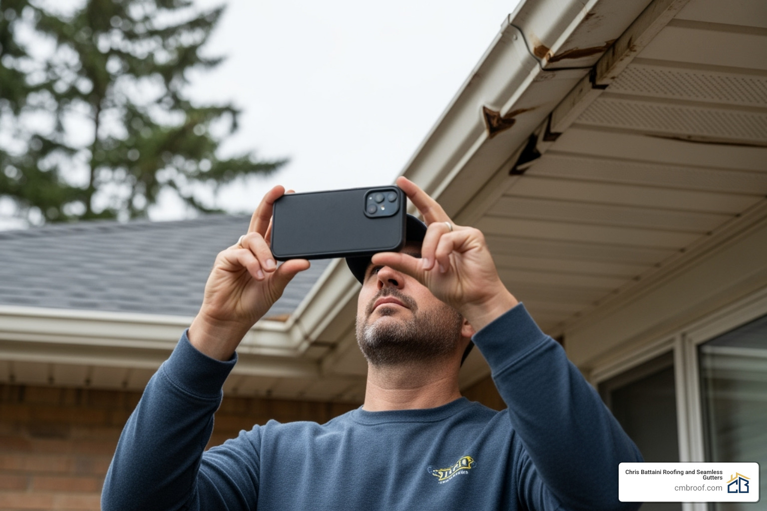 A homeowner safely taking photos of their damaged gutters from the ground - claiming hail damage on roof A homeowner safely taking photos of their damaged gutters from the ground - claiming hail damage on roof
