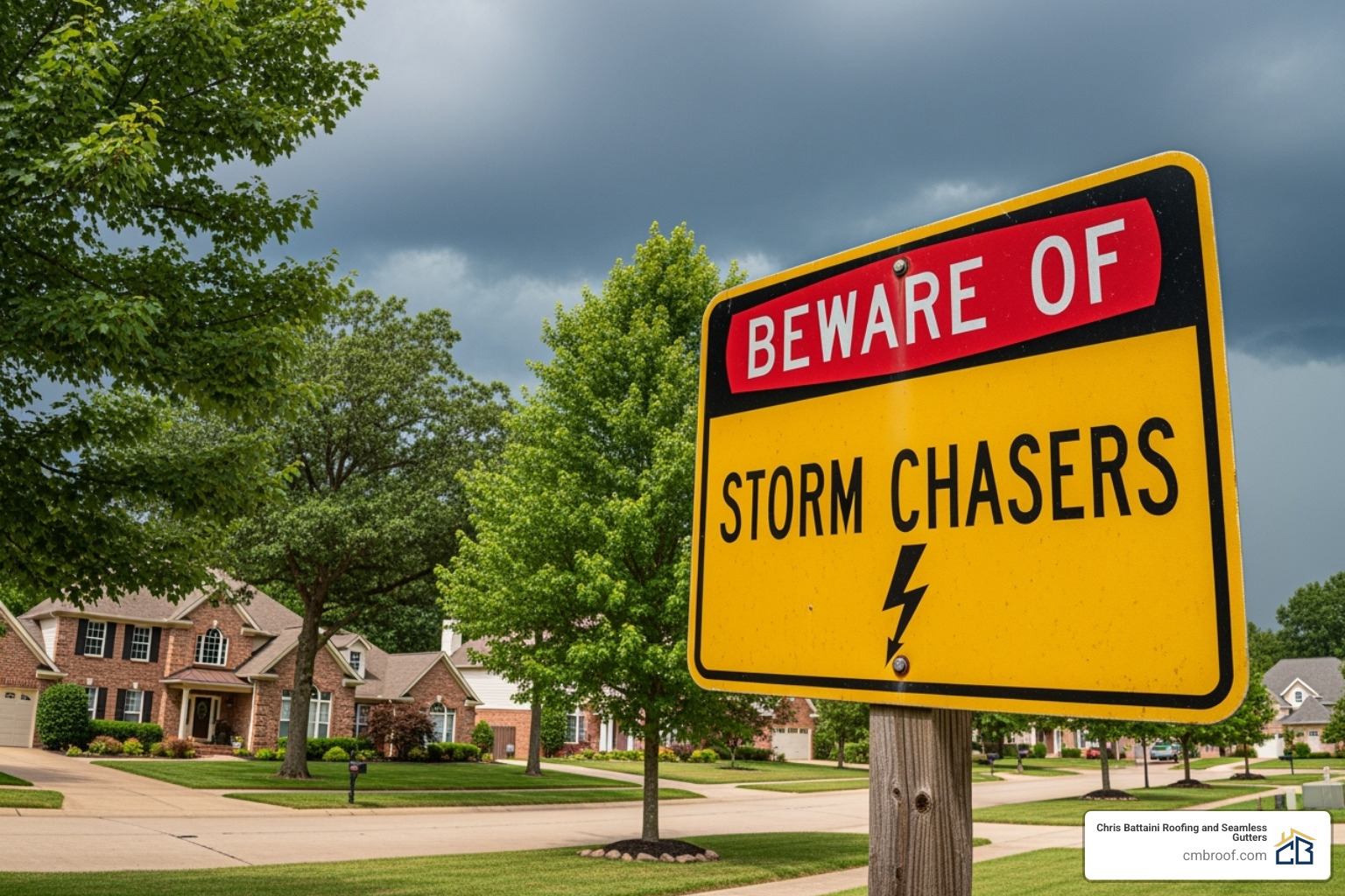 A "Beware of Storm Chasers" sign in a neighborhood - claiming hail damage on roof A "Beware of Storm Chasers" sign in a neighborhood - claiming hail damage on roof