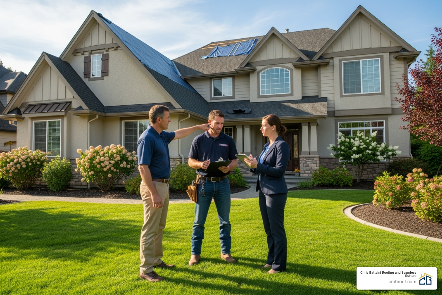 A homeowner and a roofer meeting with an insurance adjuster on a lawn with the house in the background - claiming hail damage on roof A homeowner and a roofer meeting with an insurance adjuster on a lawn with the house in the background - claiming hail damage on roof