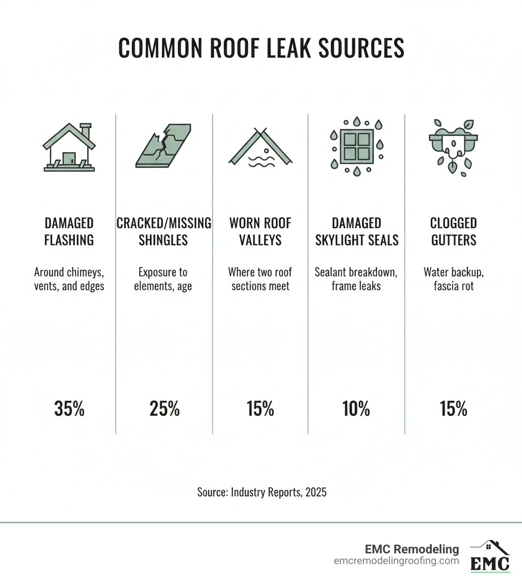 Infographic showing the most common roof leak sources including damaged flashing around chimneys and vents, cracked or missing shingles, worn roof valleys, damaged skylight seals, and clogged gutters causing water backup, with visual icons for each source and percentage breakdown of frequency - roof leak detection infographic 
