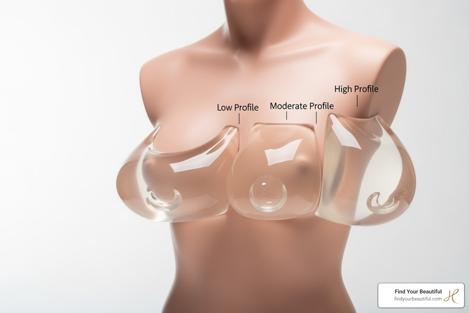 A display of various breast implant profiles—low, moderate, and high—arranged on a torso model to illustrate how each profile contributes to different levels of projection and fullness. - breast augmentation before and after c to d