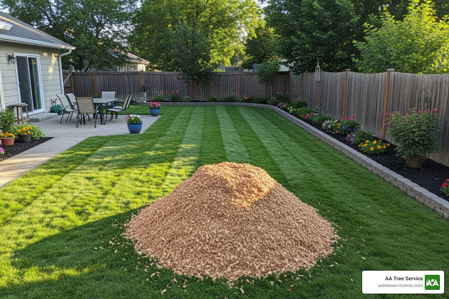 Clean yard after a tree service, with a neat pile of woodchips - tree cutting service chester nh