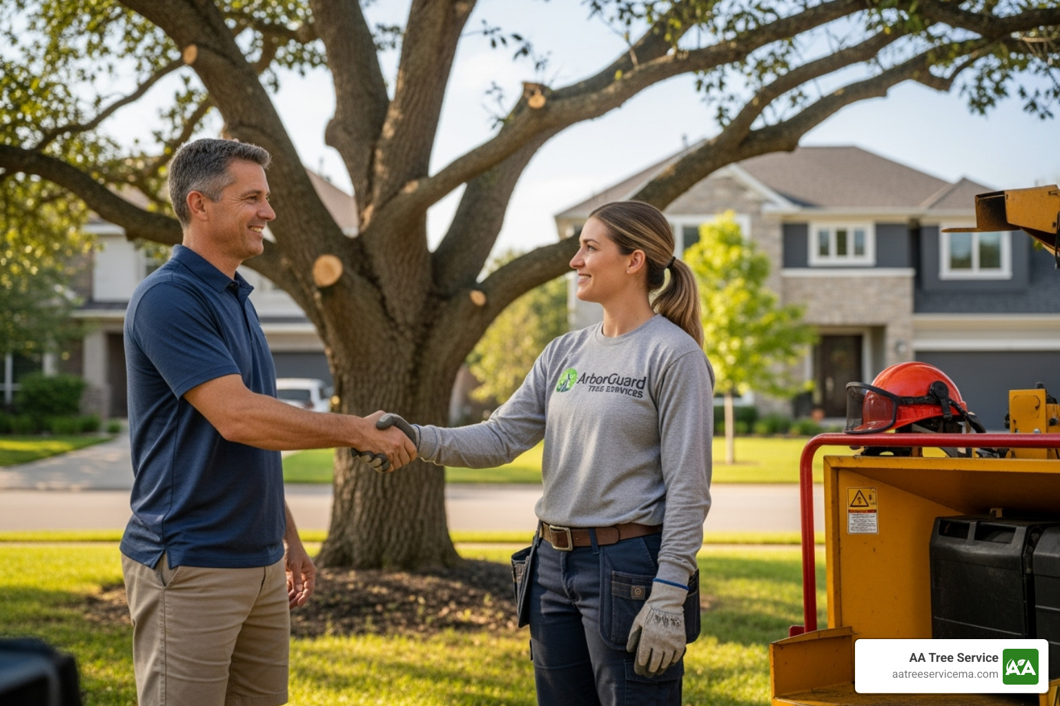 Homeowner shaking hands with a uniformed tree service professional - tree cutting service chester nh