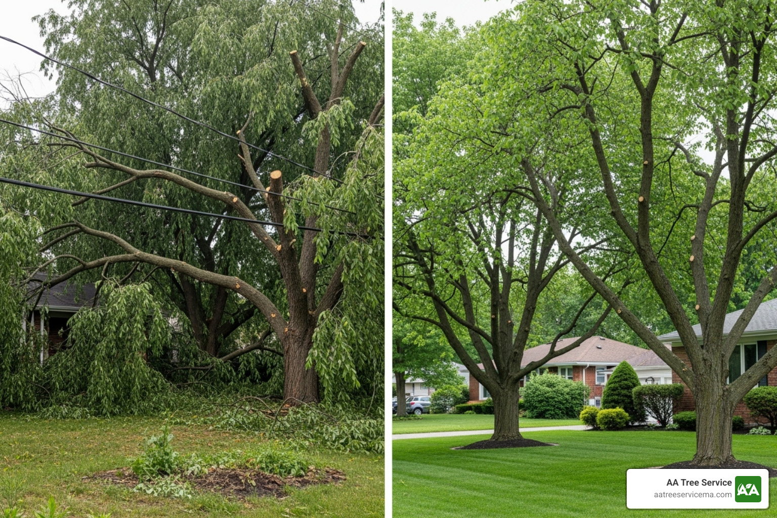 Comparison image of a yard with overgrown, hazardous trees versus one with professionally maintained trees. - tree cutting service chester nh