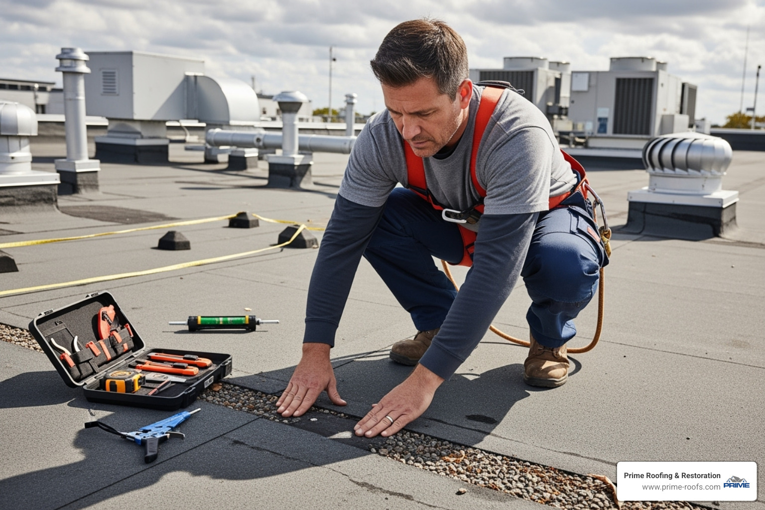A professional roofer conducts a detailed inspection on a commercial flat roof, checking for damage and wear. - commercial roof repair company